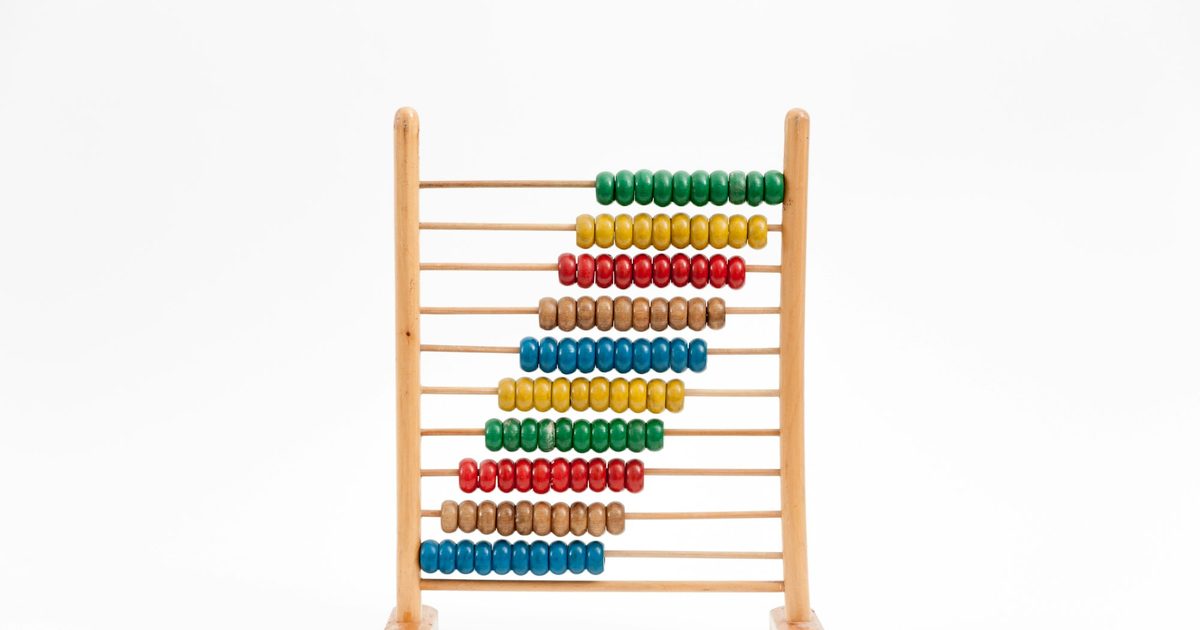 A wooden abacus with rows of coloured counting beads