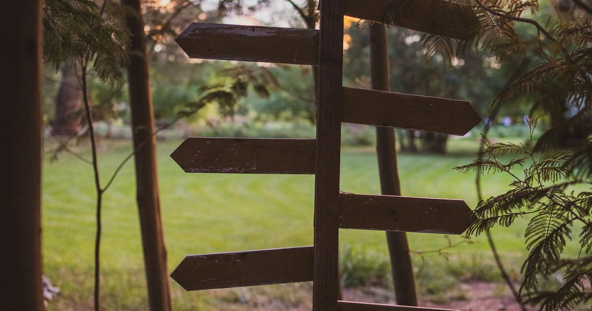A wooden signpost with arrows pointing down several paths