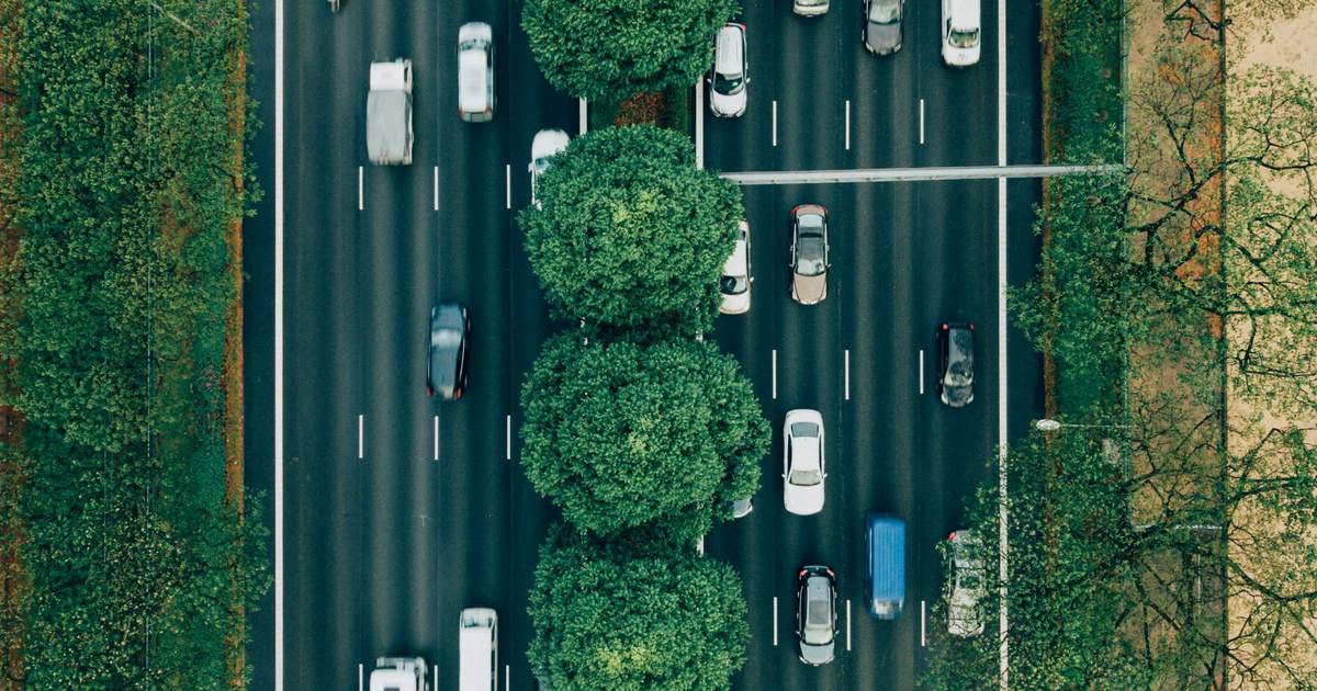 An aerial view of a motorway backed up with traffic